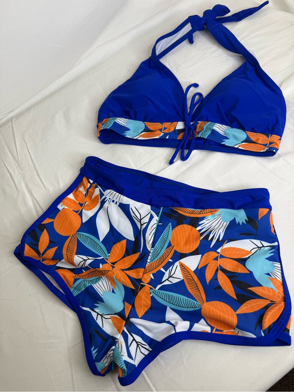 Women's Blue Tropical Floral 2-Piece Bikini Halter Top High-Waist Bottom S